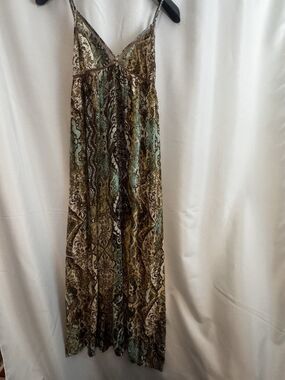 Lani Paisley Mesh Maxi Dress Brown Green Beige Spaghetti Strap V-Neck Size M